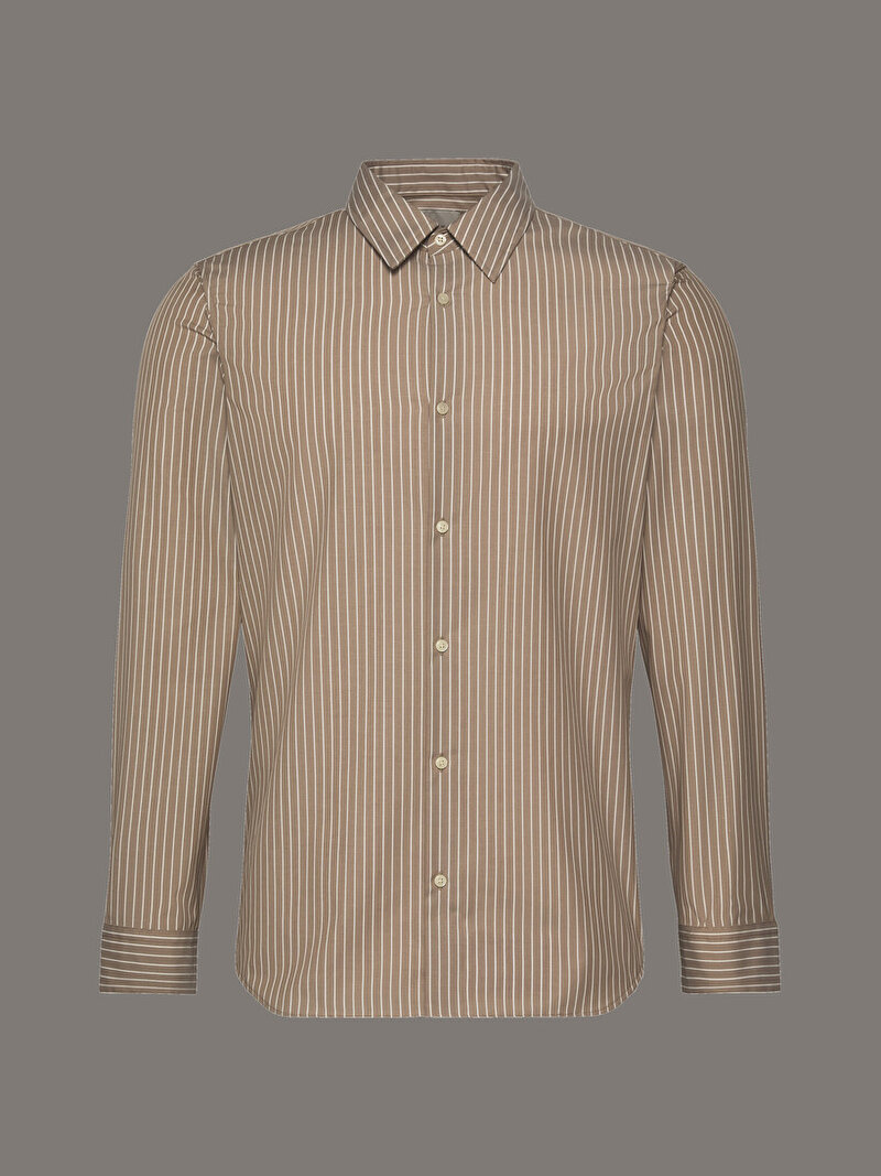 Calvin Klein Bej Renkli Erkek Stripe Supima Gömlek