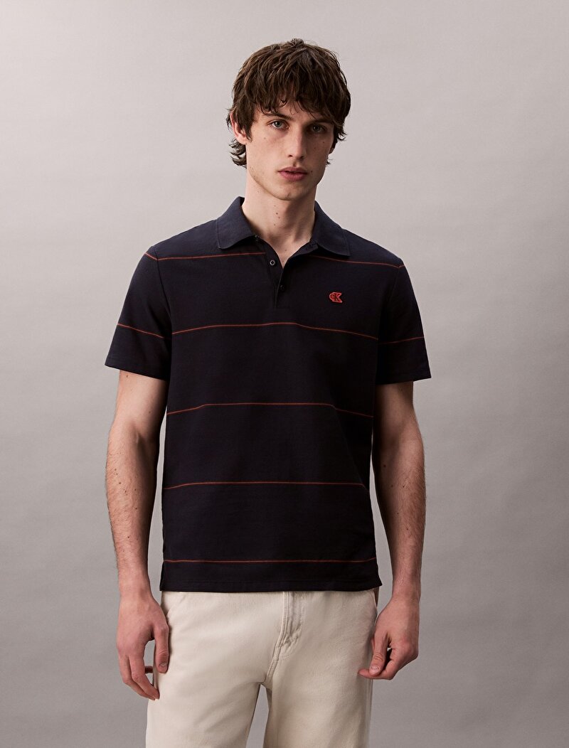 Calvin Klein Lacivert Renkli Erkek Cross Grain Stripe Polo T-shirt