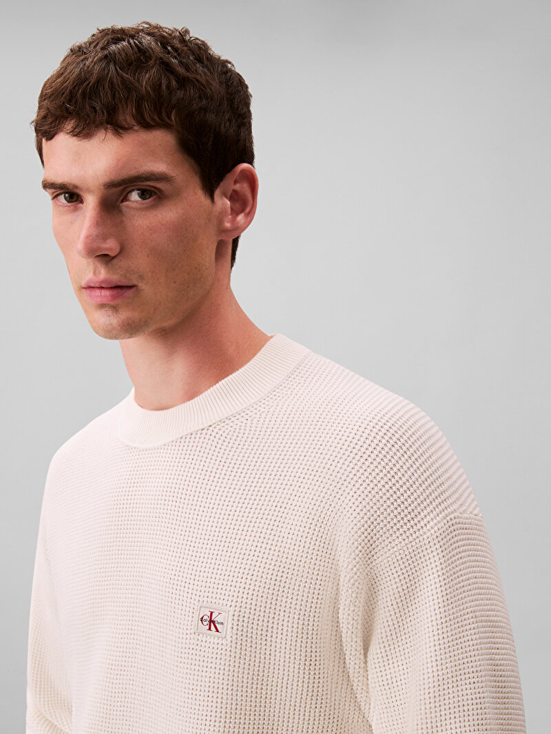 Calvin Klein Beyaz Renkli Erkek Cotton Waffle Kazak