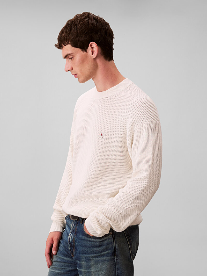 Calvin Klein Beyaz Renkli Erkek Cotton Waffle Kazak