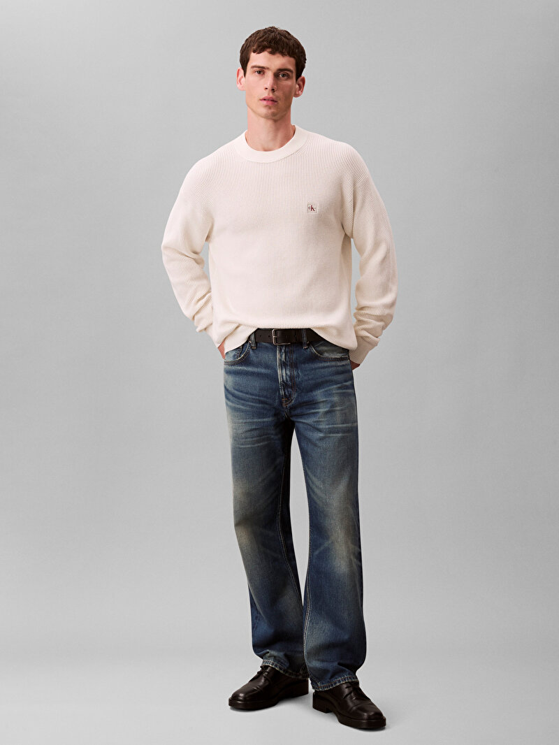 Calvin Klein Beyaz Renkli Erkek Cotton Waffle Kazak